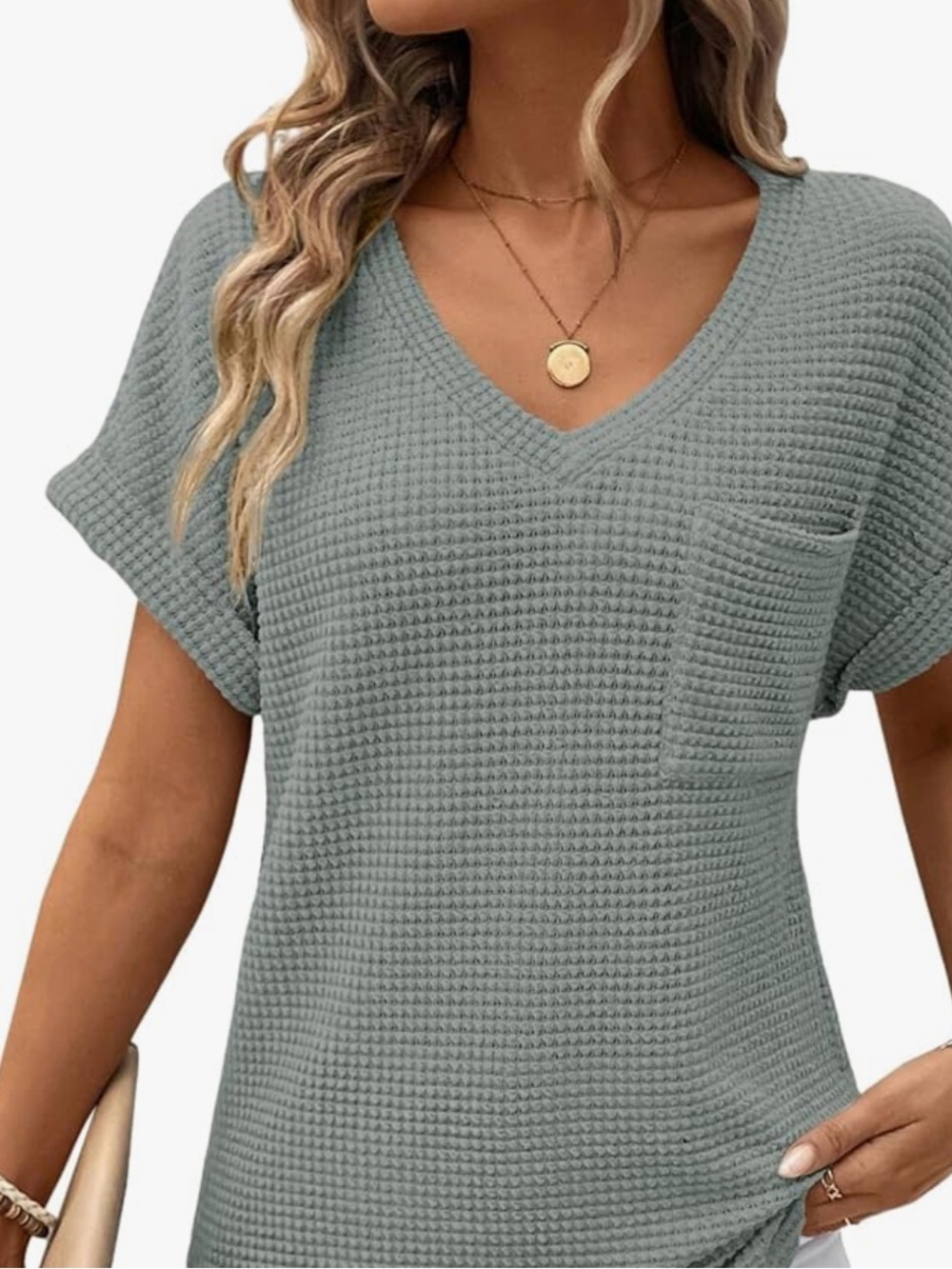 Waffle V-Neck Short Sleeve Tee with Pocket - Sage Green